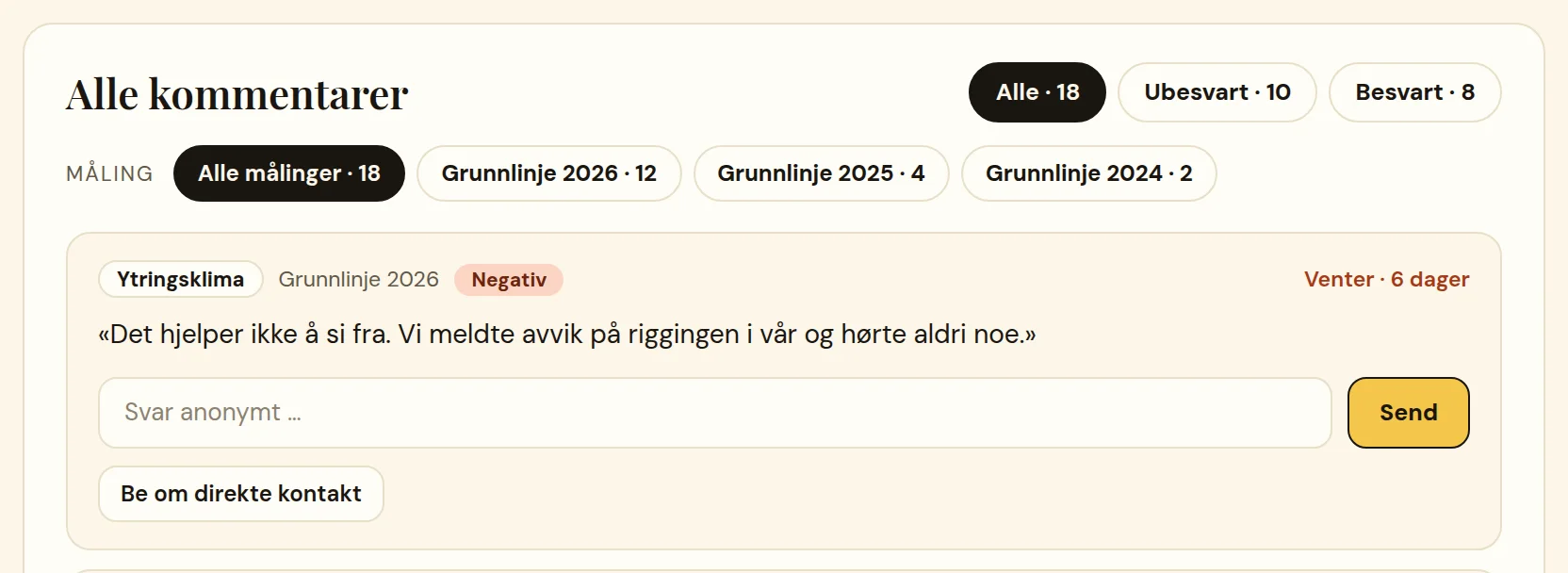 Screenshot of an anonymous comment about speaking up (Norwegian interface), with a field to reply anonymously and a button to ask for direct contact.